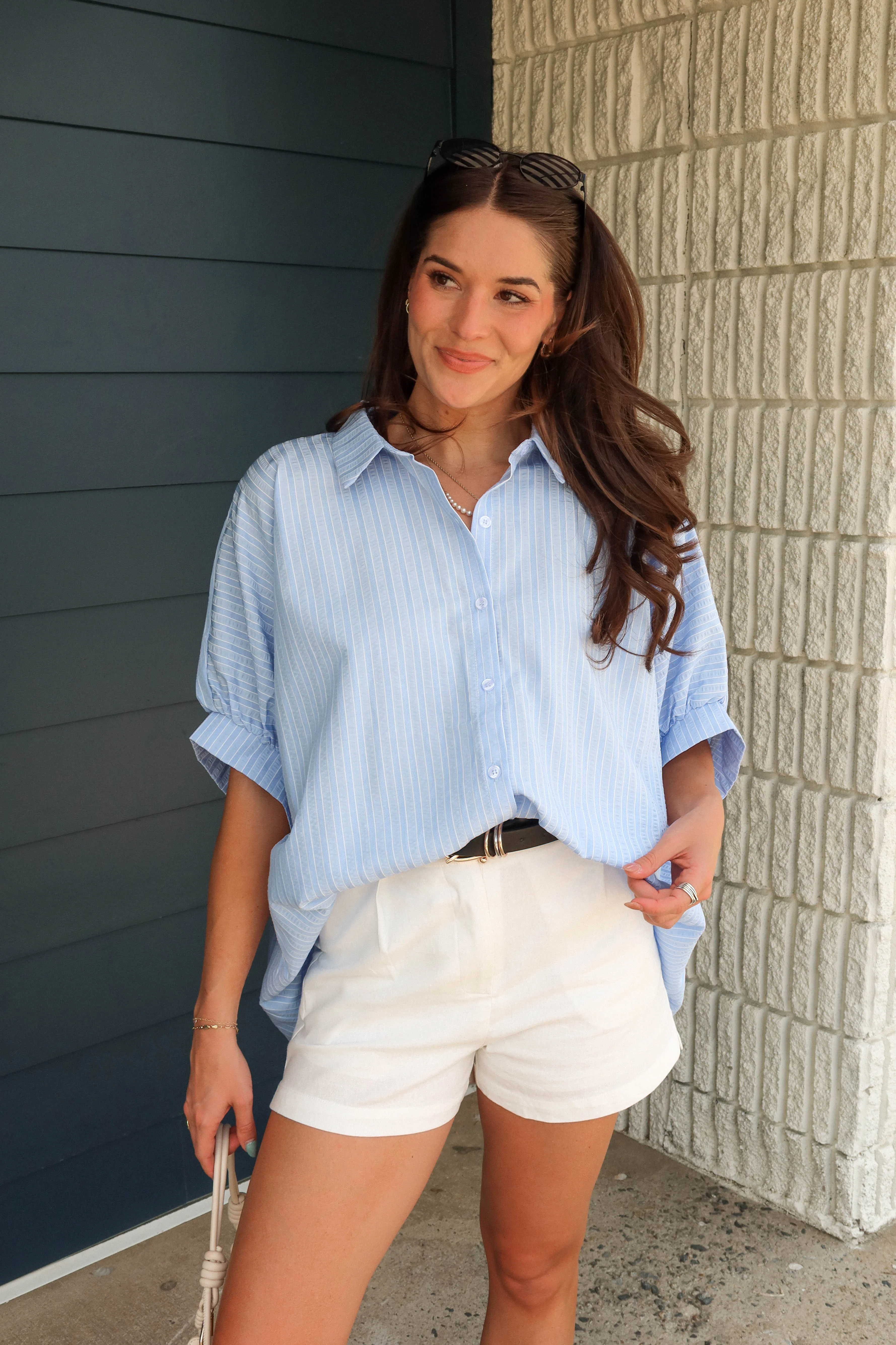 Alanna Blue Stripe Button-Up Top