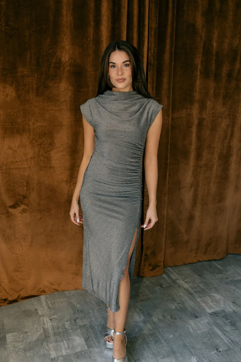 Alianna Silver Shimmer Cowl Neck Midi Dress