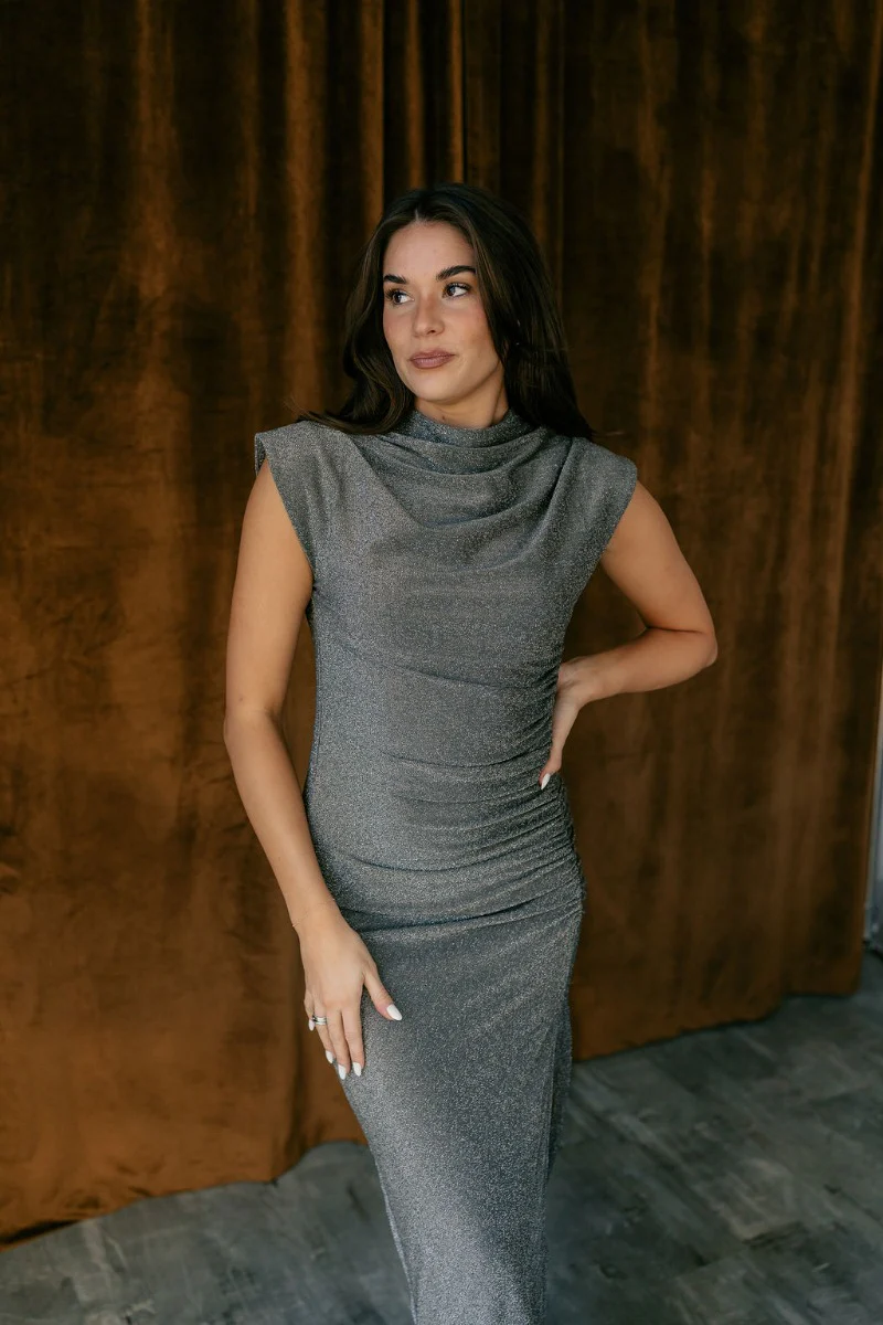 Alianna Silver Shimmer Cowl Neck Midi Dress - Image 4