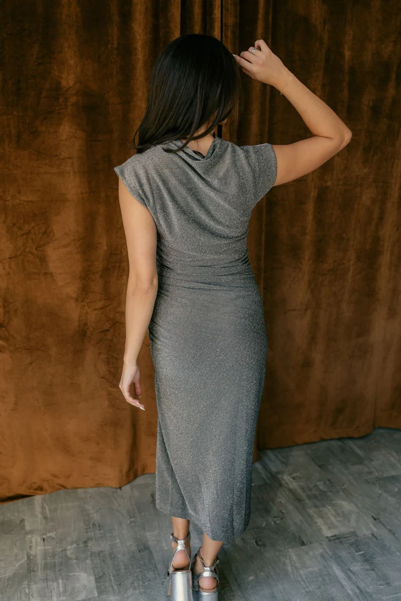 Alianna Silver Shimmer Cowl Neck Midi Dress - Image 6