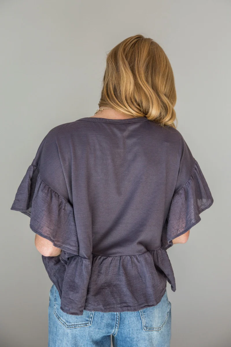 Alyssa Charcoal Ruffled Short Sleeve Top - Image 4