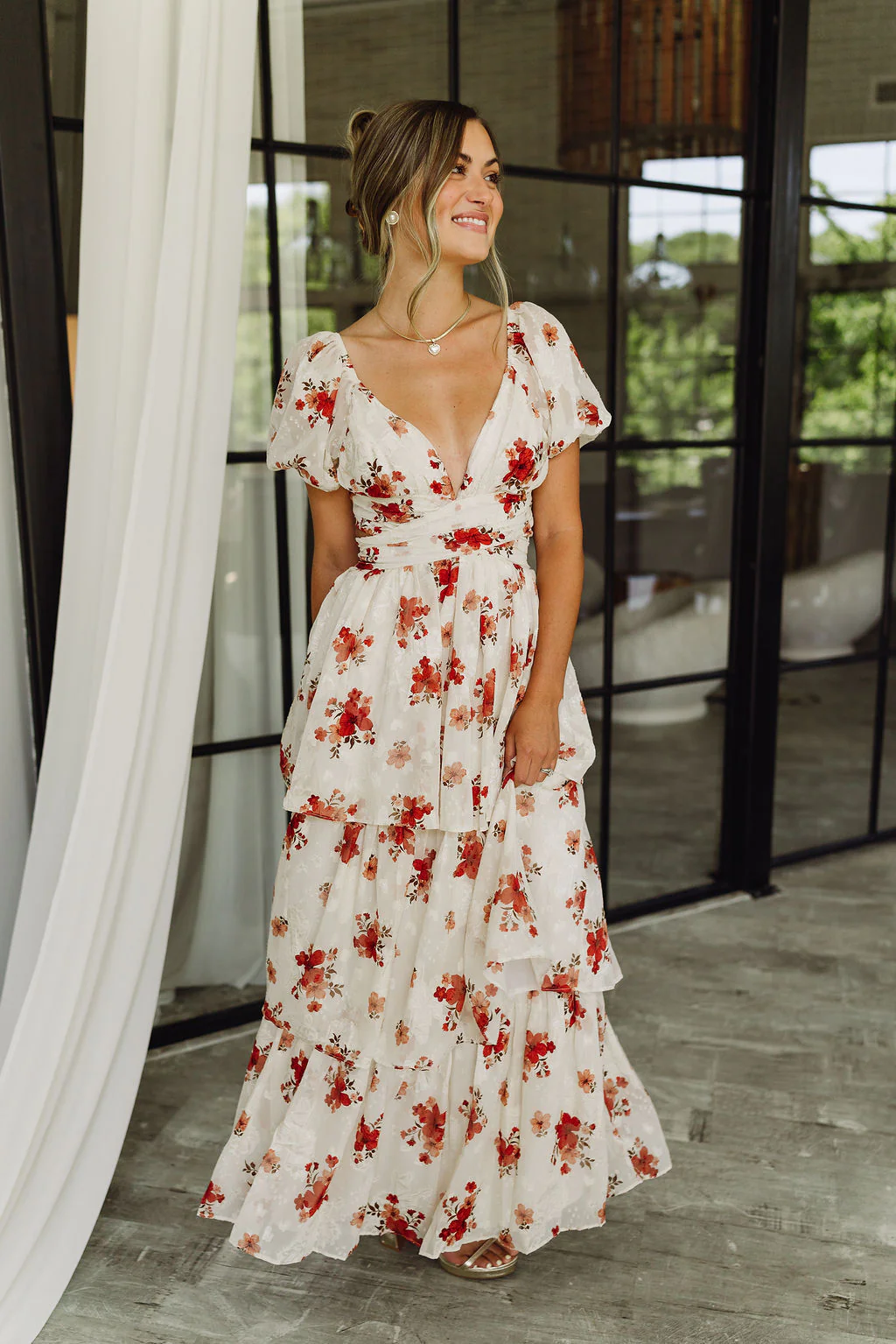 Annabelle Beige & Red Floral Tiered Maxi Dress - Image 4