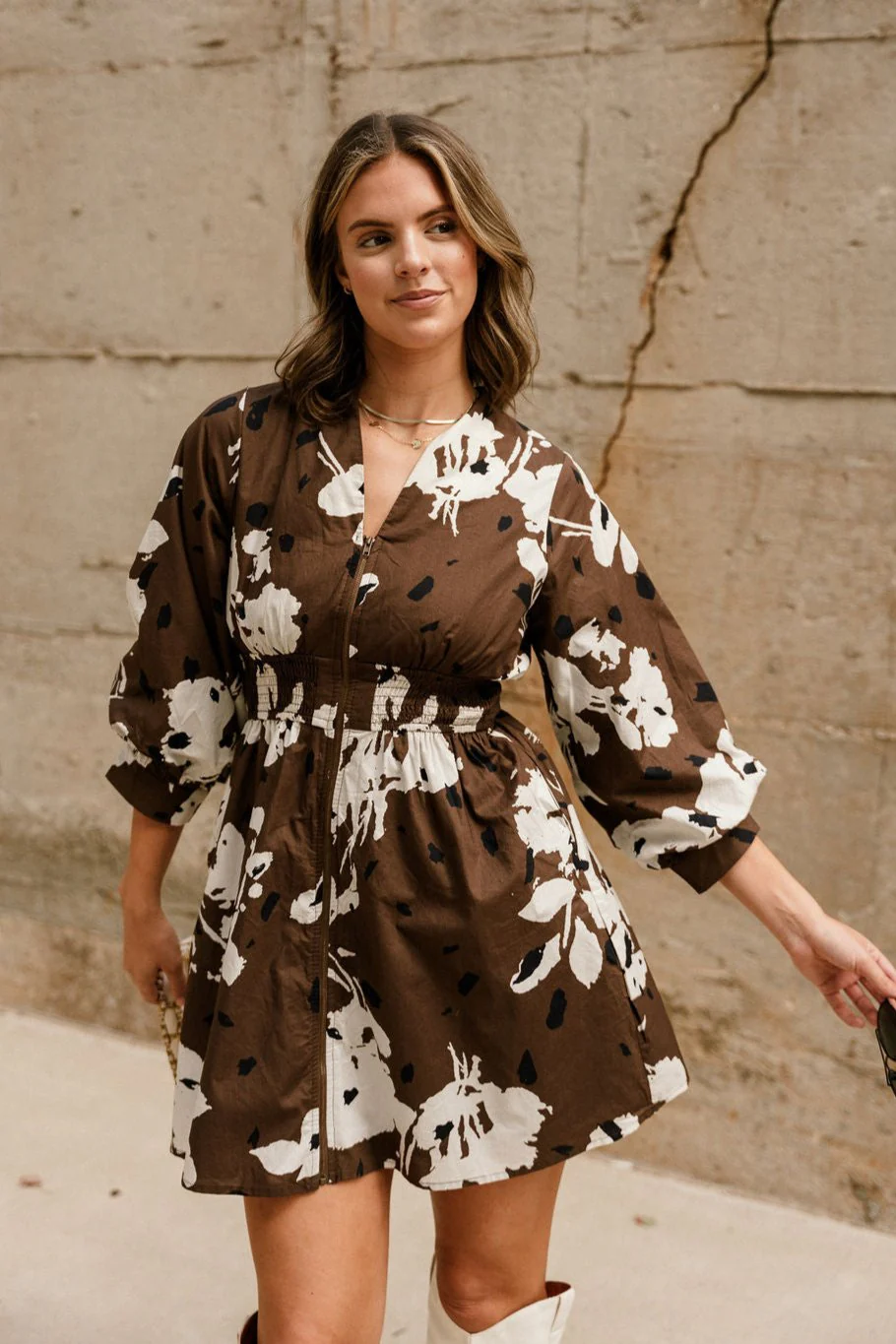 Anya Brown & Cream Floral Mini Dress - Image 2
