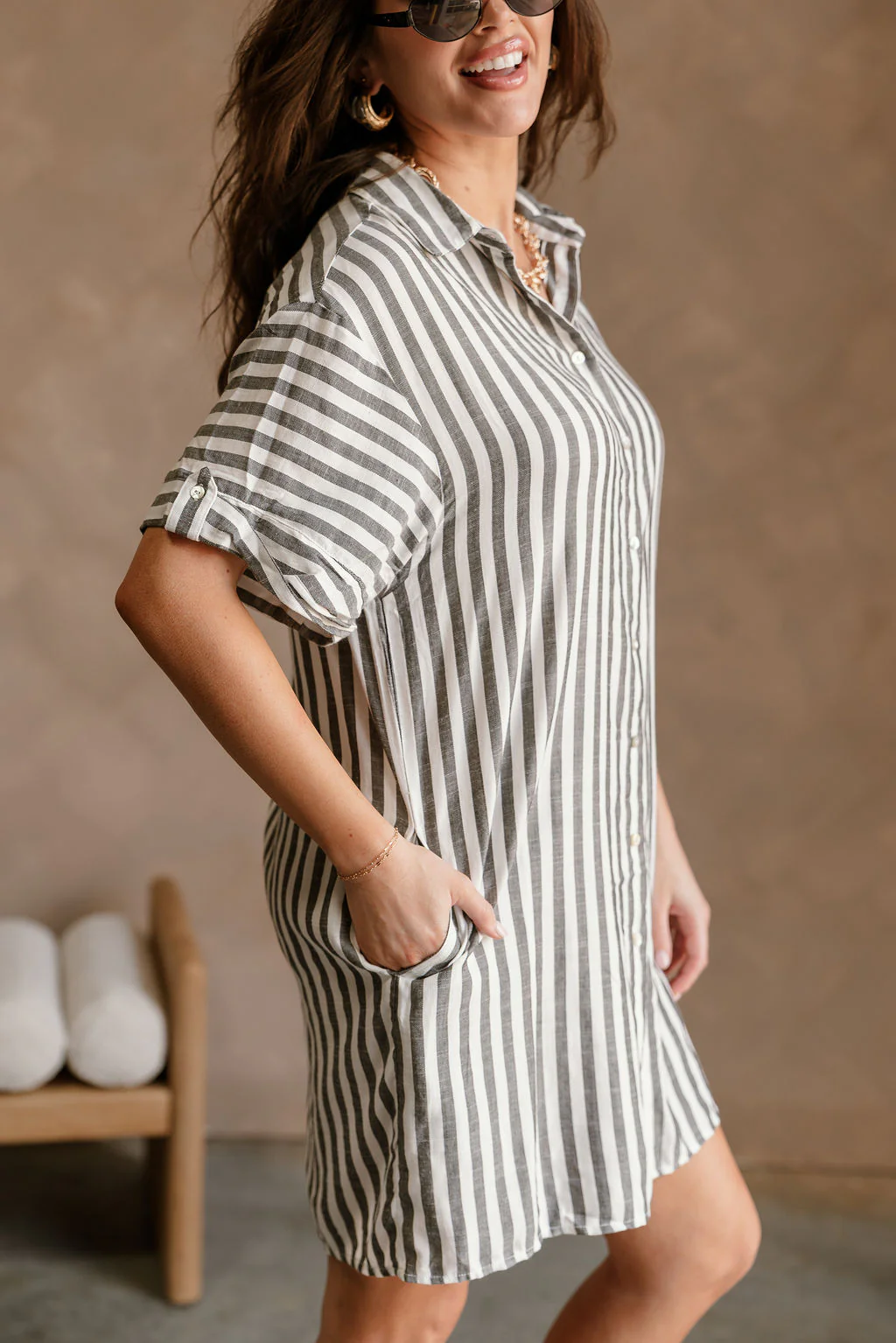 Arya White & Black Stripe Mini Dress - Image 2