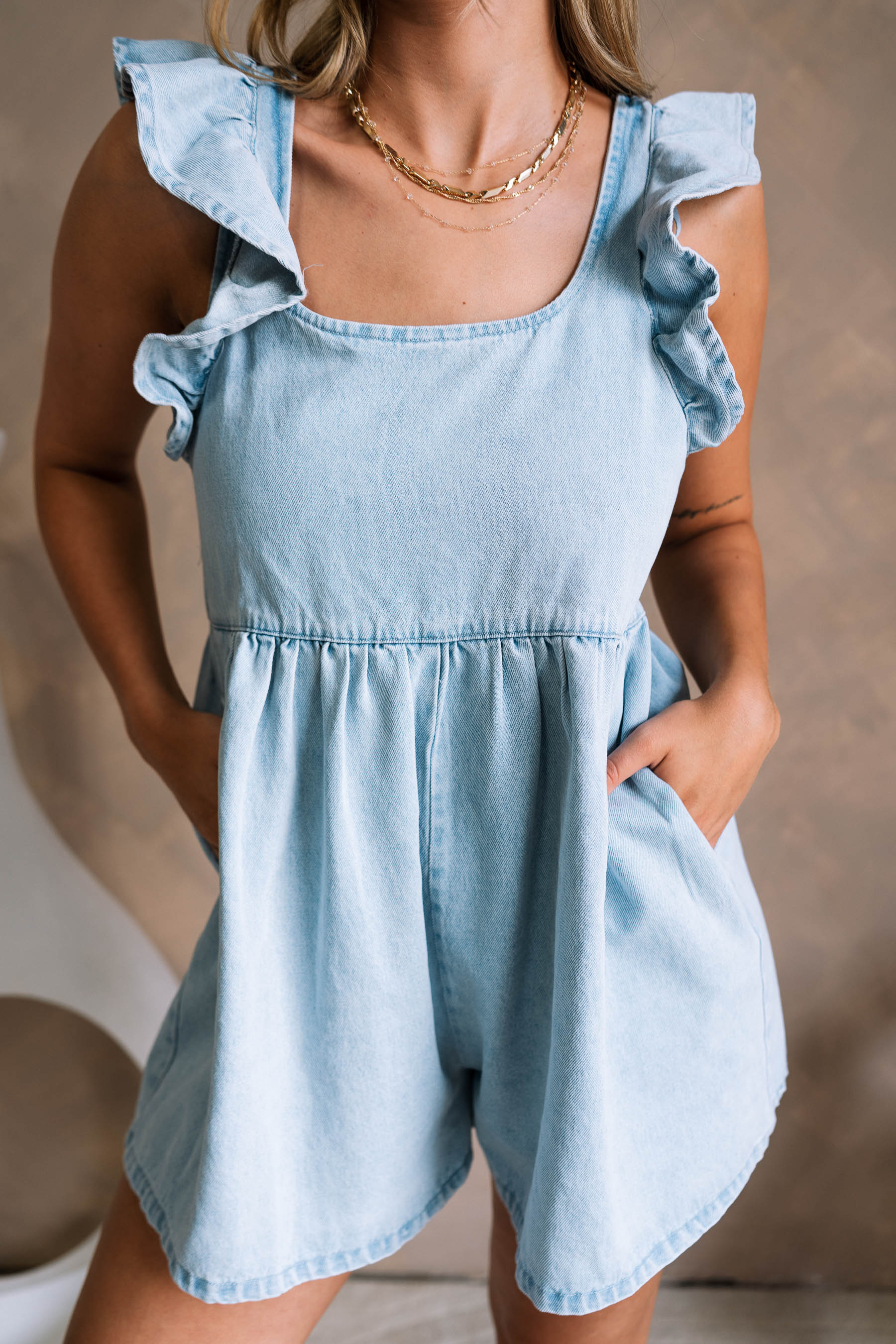 Breana Denim Ruffle Romper - Image 3