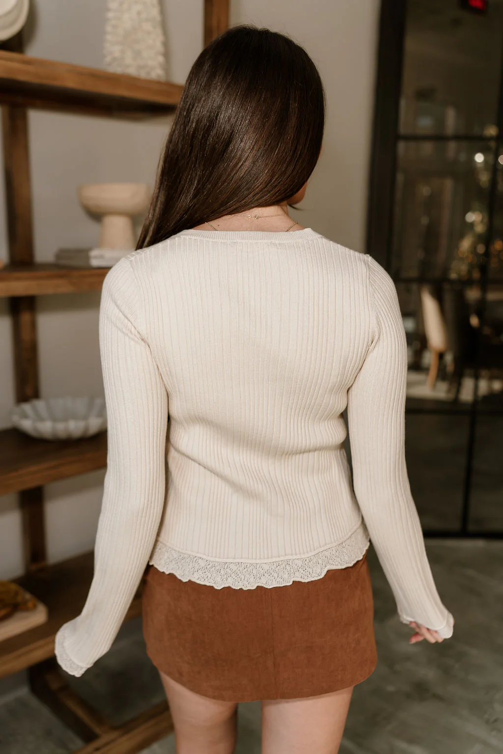 Brynlee Natural Ribbed & Lace Cardigan - Image 4
