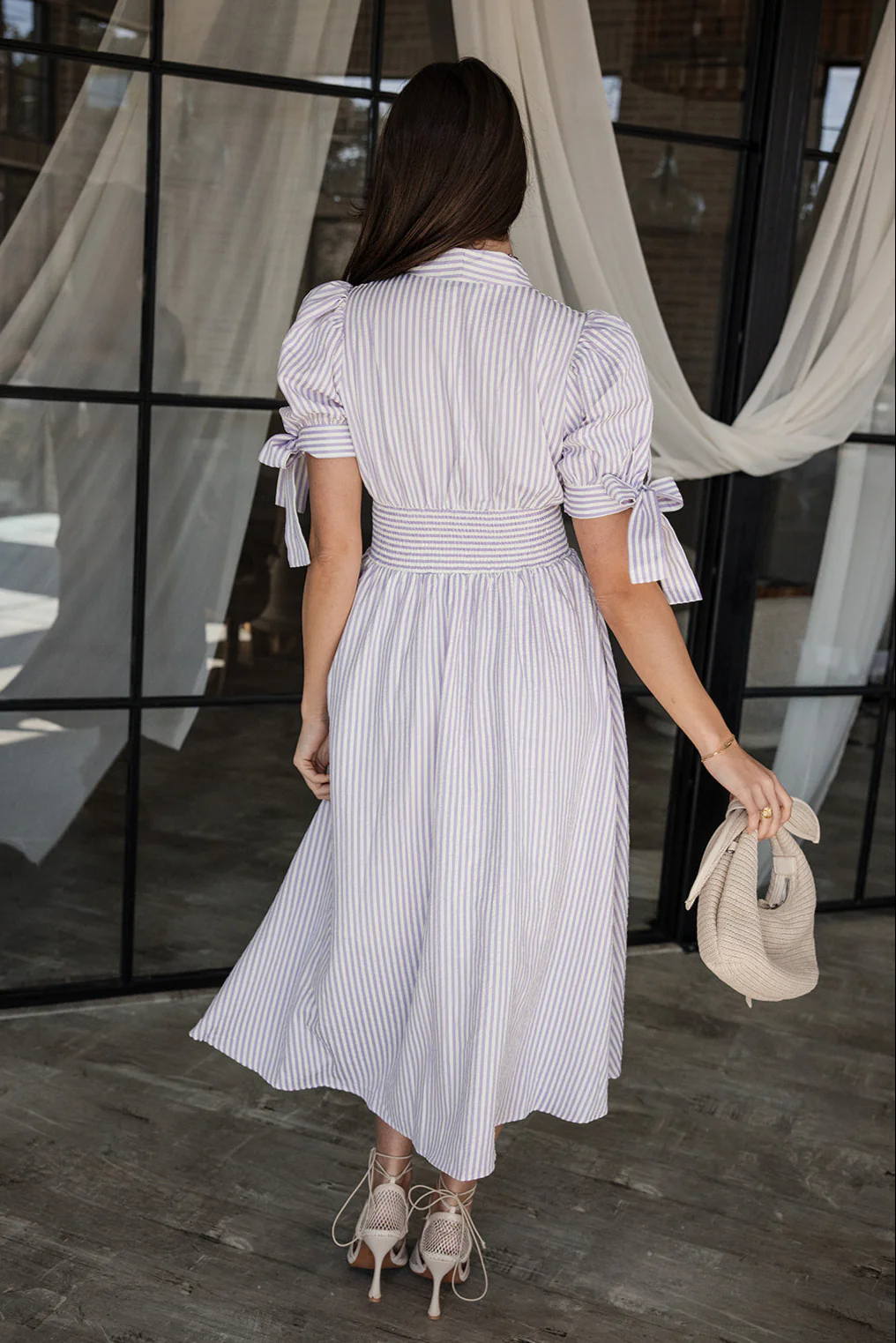 Callie Lavender & White Stripe Zip-Up Midi Dress - Image 9