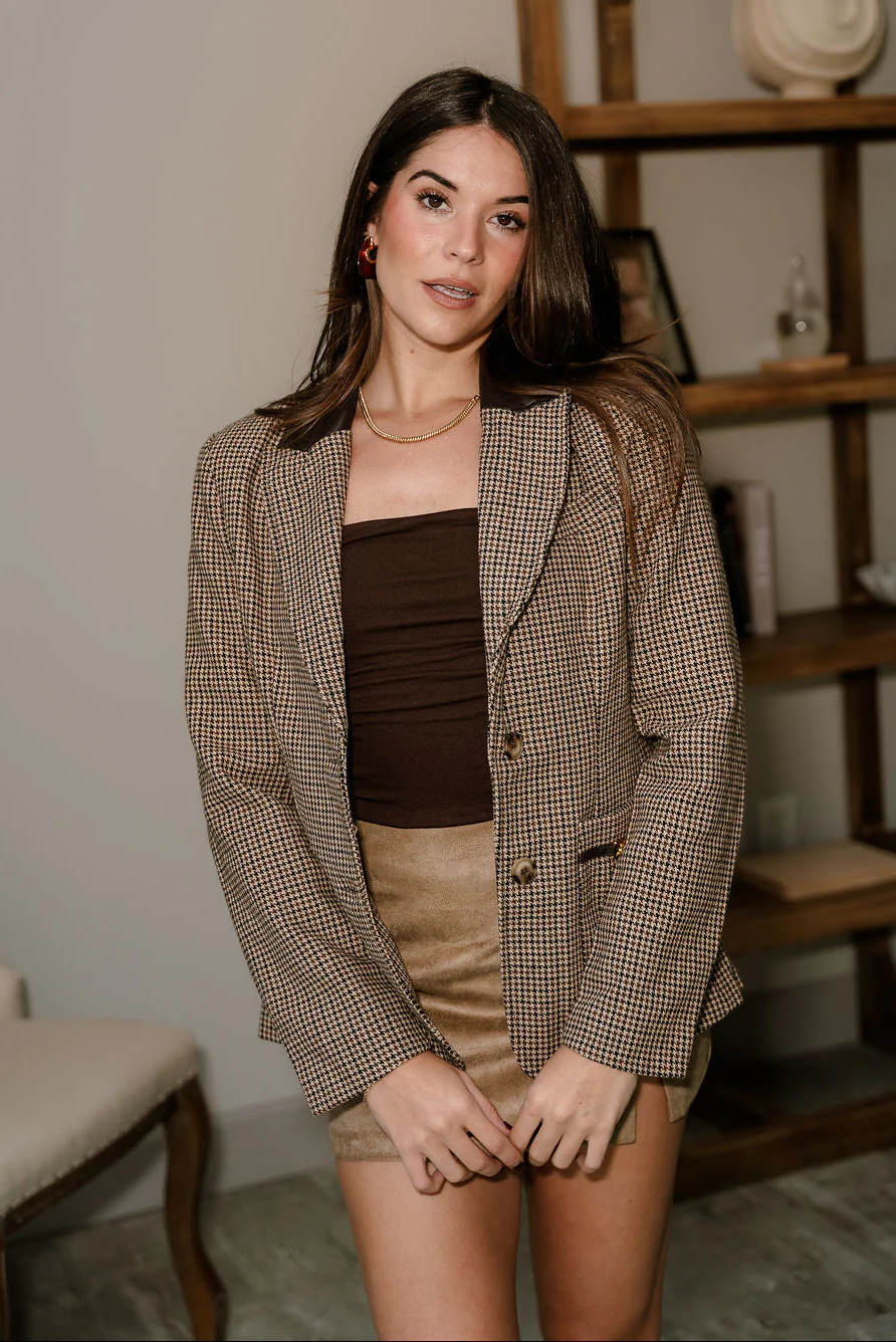 Carina Brown Leather Collar Houndstooth Blazer - Image 3
