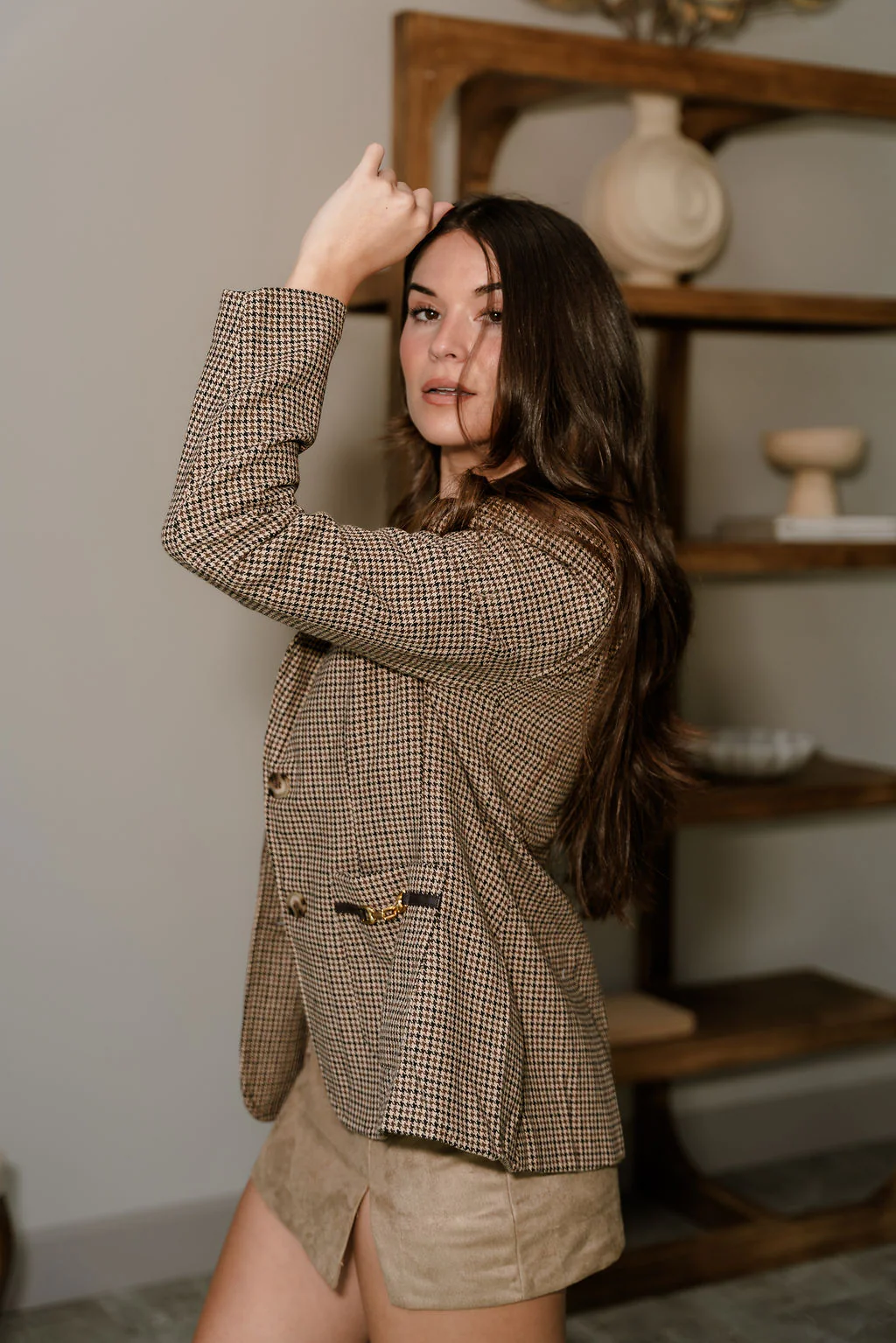 Carina Brown Leather Collar Houndstooth Blazer - Image 5