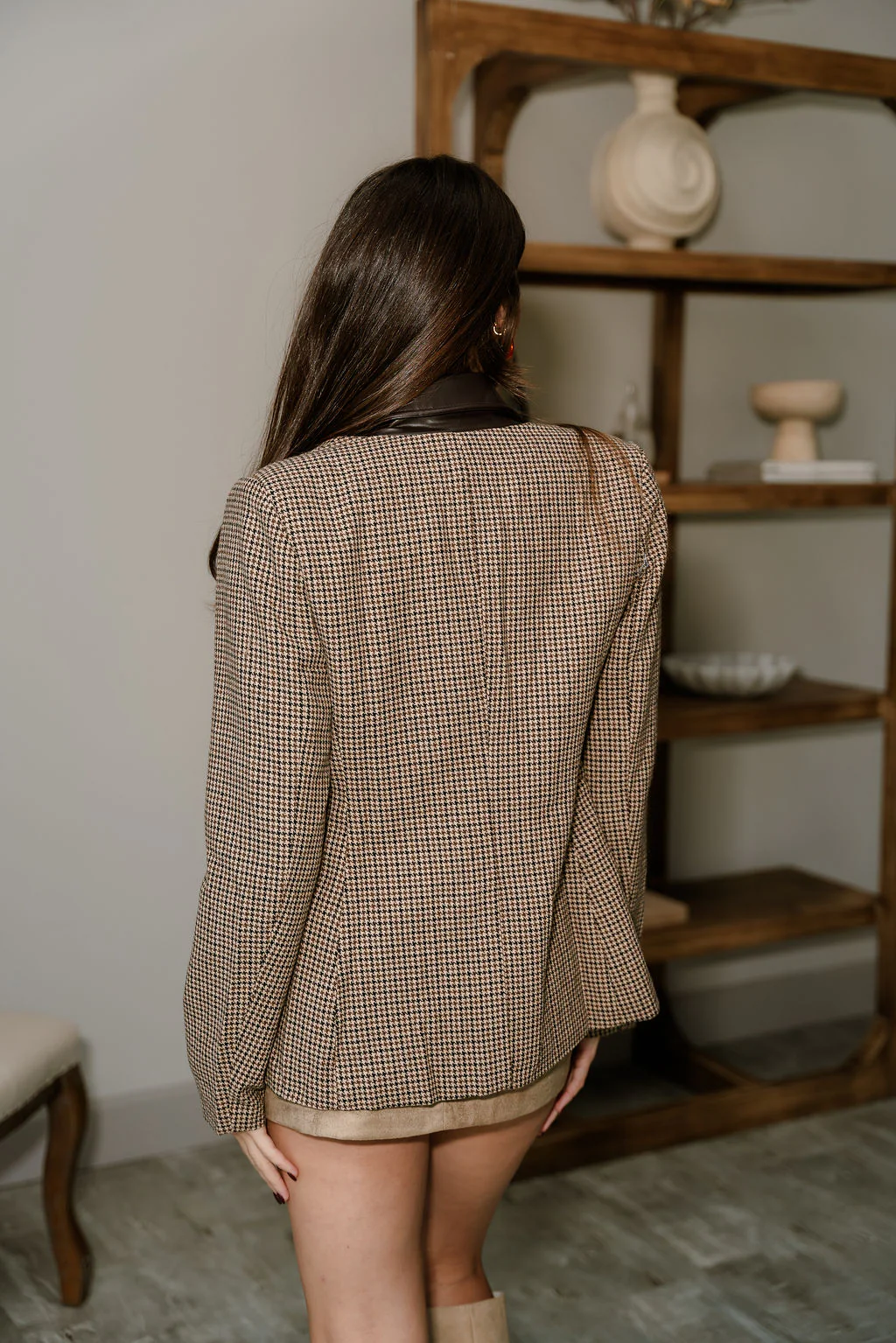 Carina Brown Leather Collar Houndstooth Blazer - Image 7