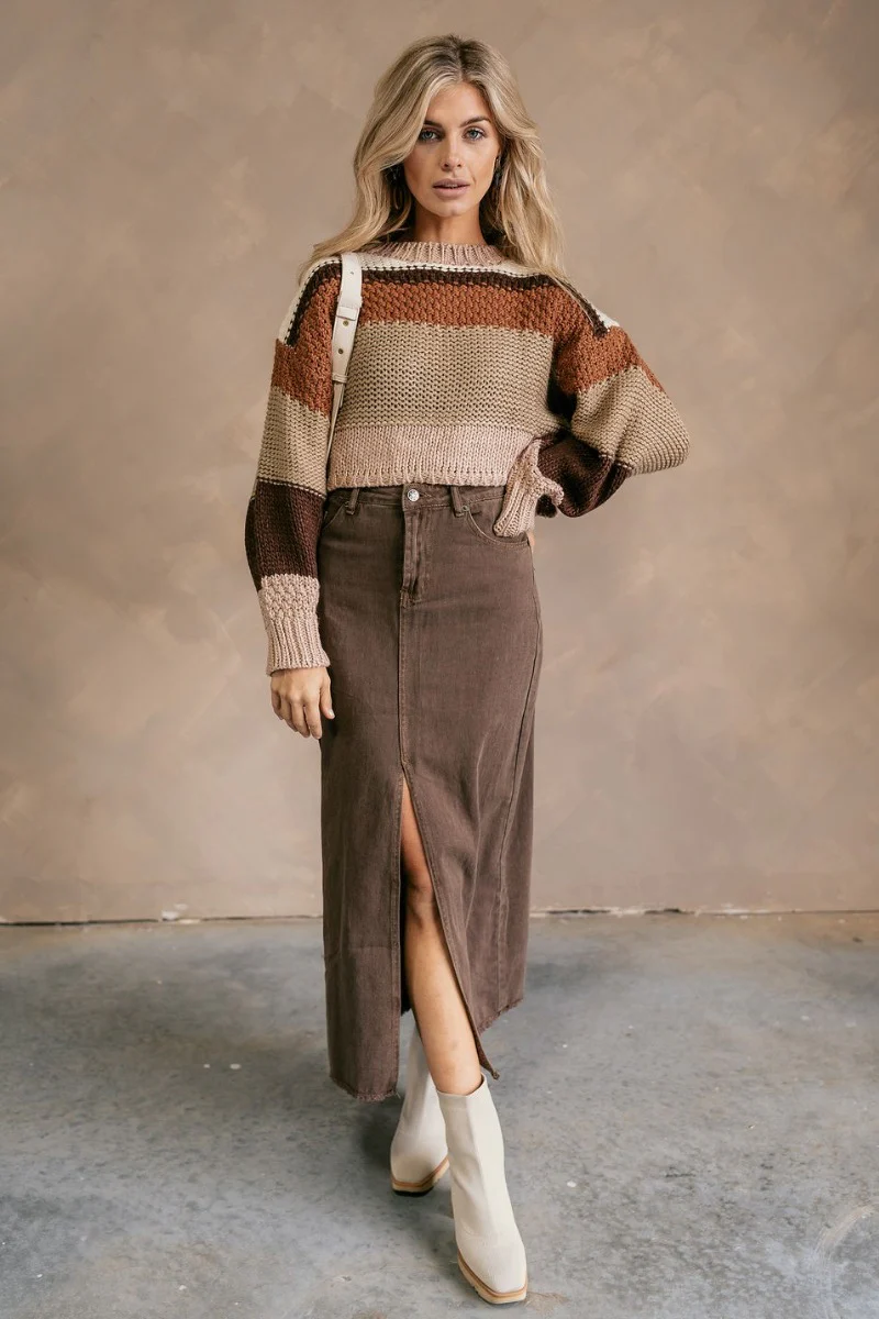 Carli Brown Striped Cropped Sweater - Image 2