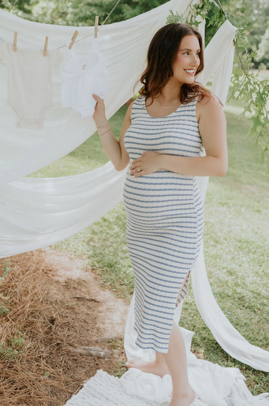 Casey Cream & Blue Striped Midi Dress - Image 2