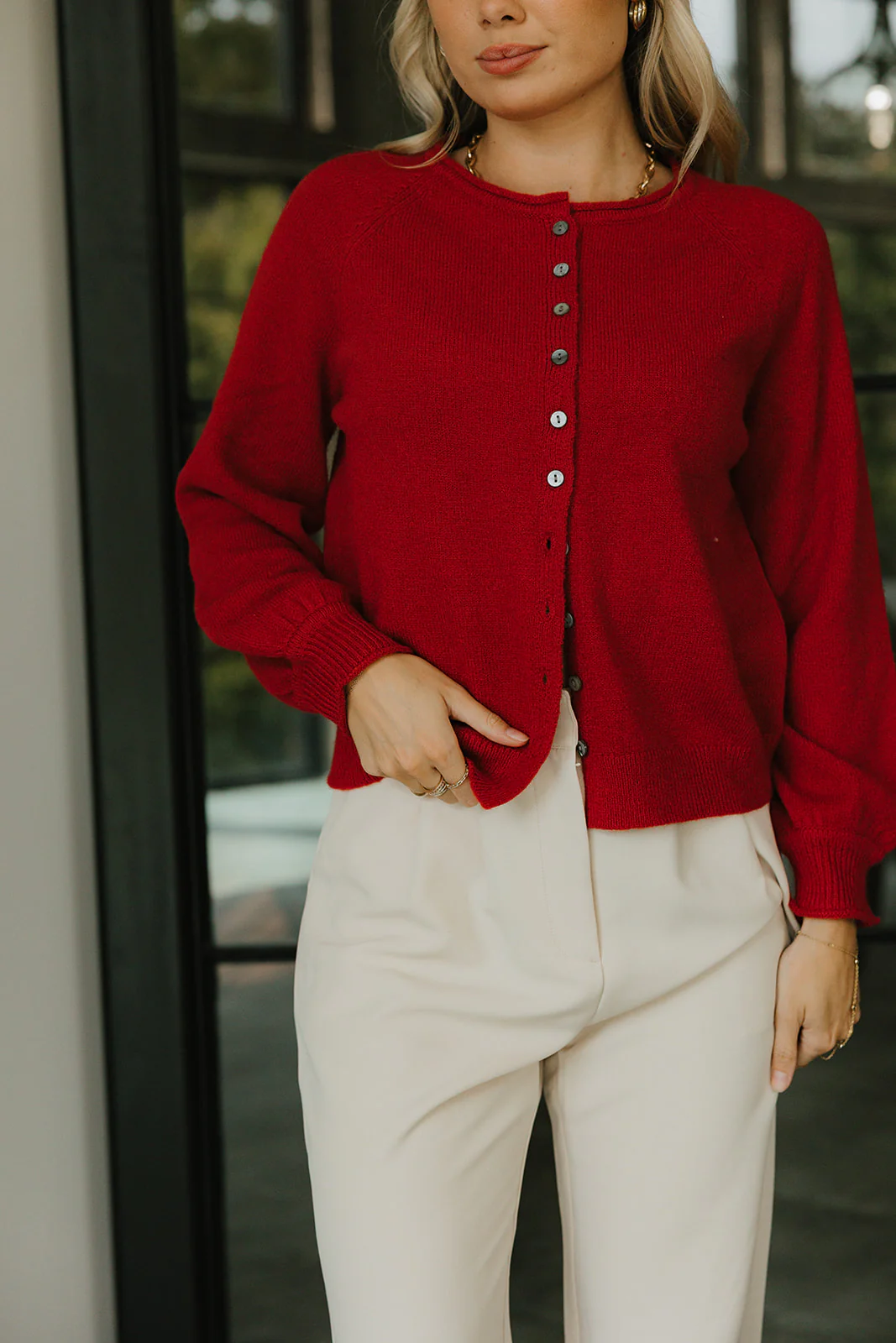 Clara Red Knit Button-Up Cardigan - Image 2