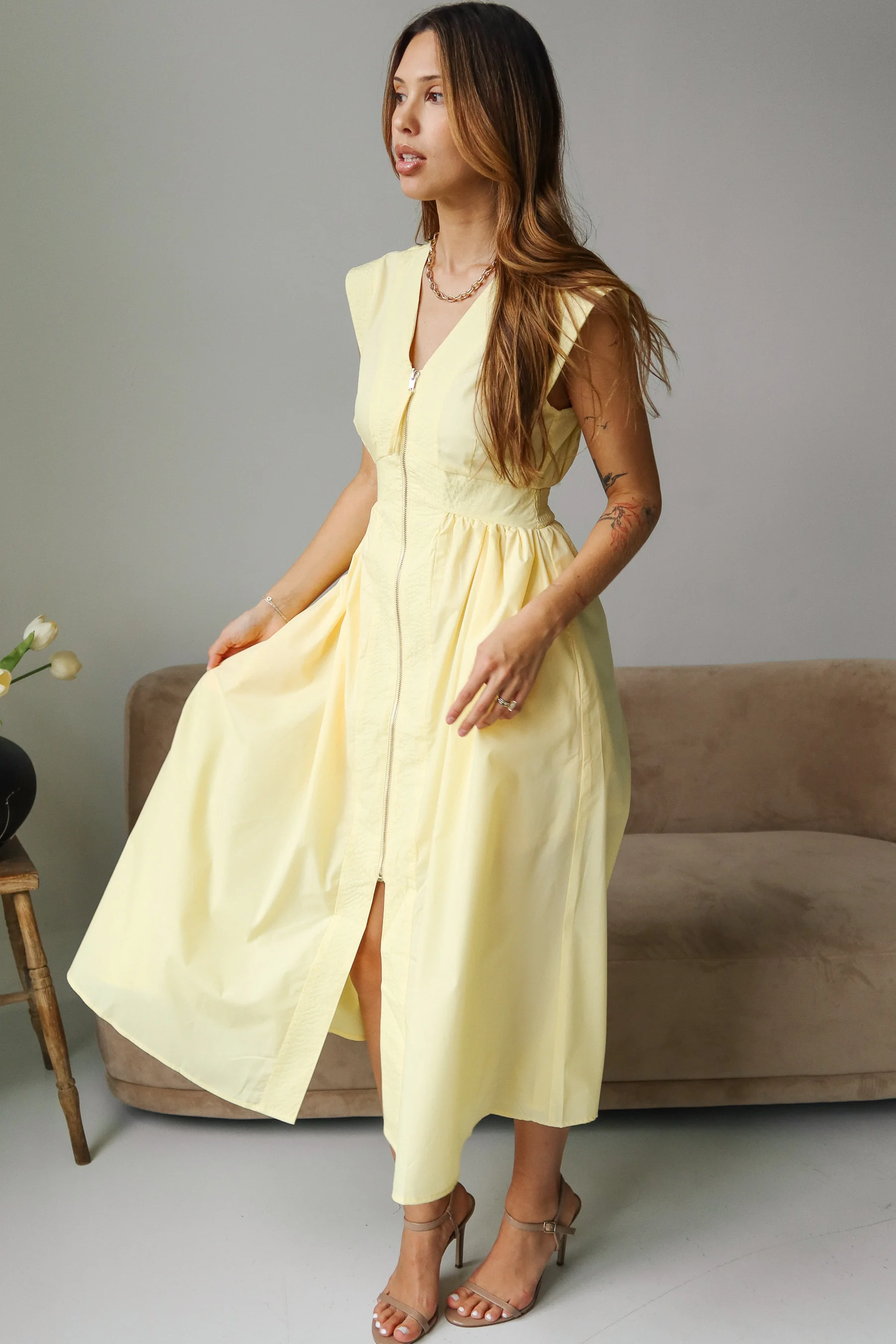 Emily Yellow Front Zip-Up Midi Dress - Image 5