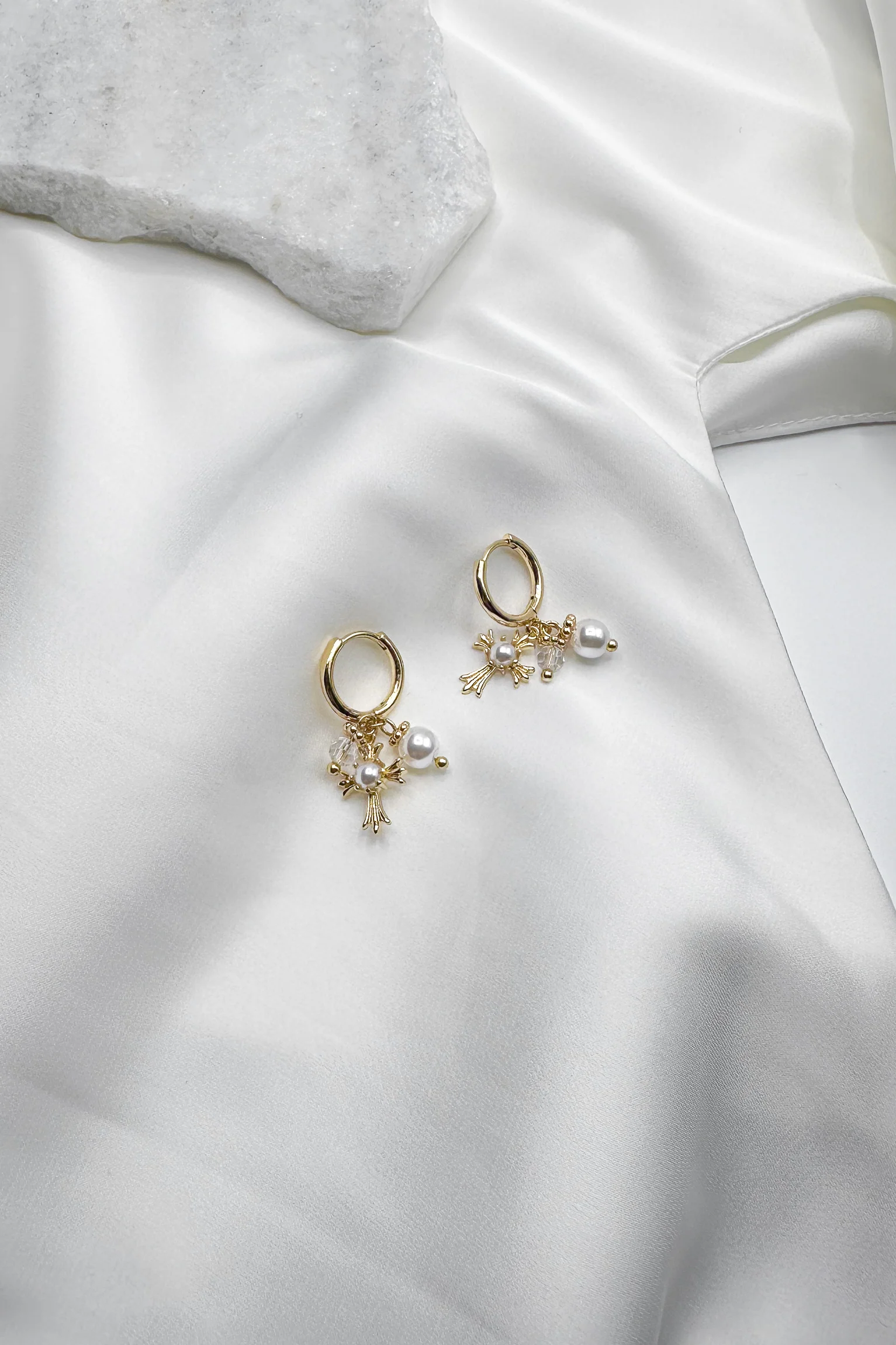 Esme Pearl Gold Cross Dangle Huggies