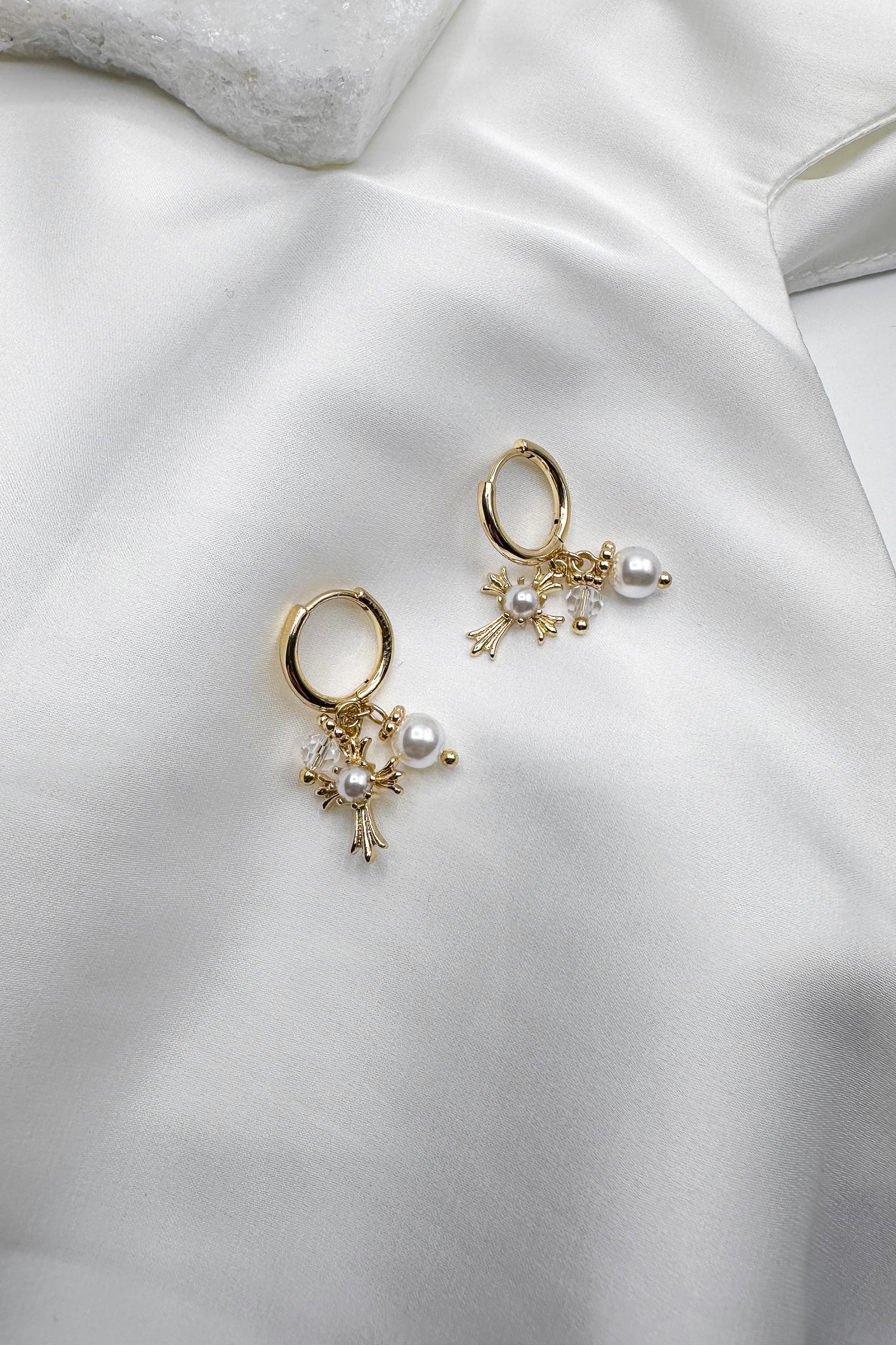 Esme Pearl Gold Cross Dangle Huggies - Image 3