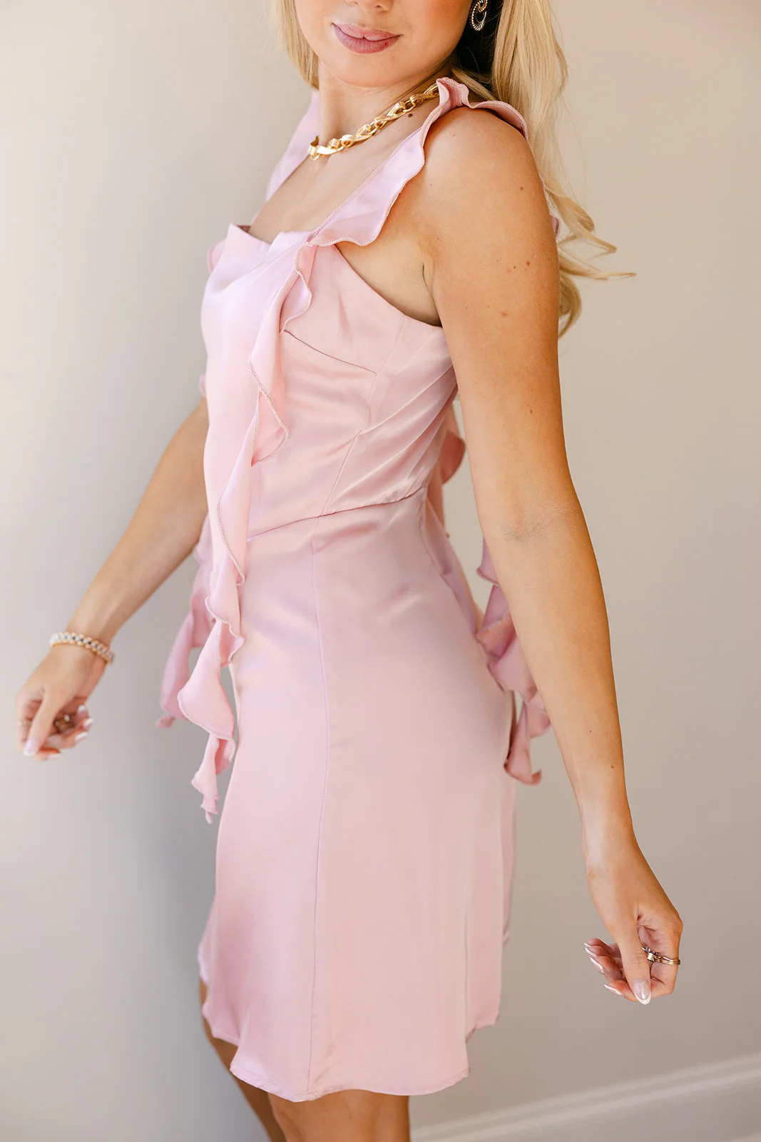 Esme Pink Ruffled Satin Mini Dress - Image 4