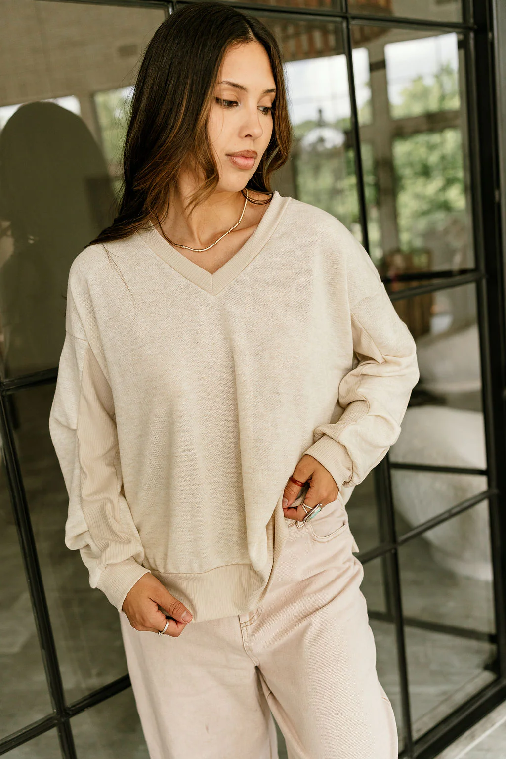 Vivian Oatmeal Ribbed Long Sleeve Sweatshirt