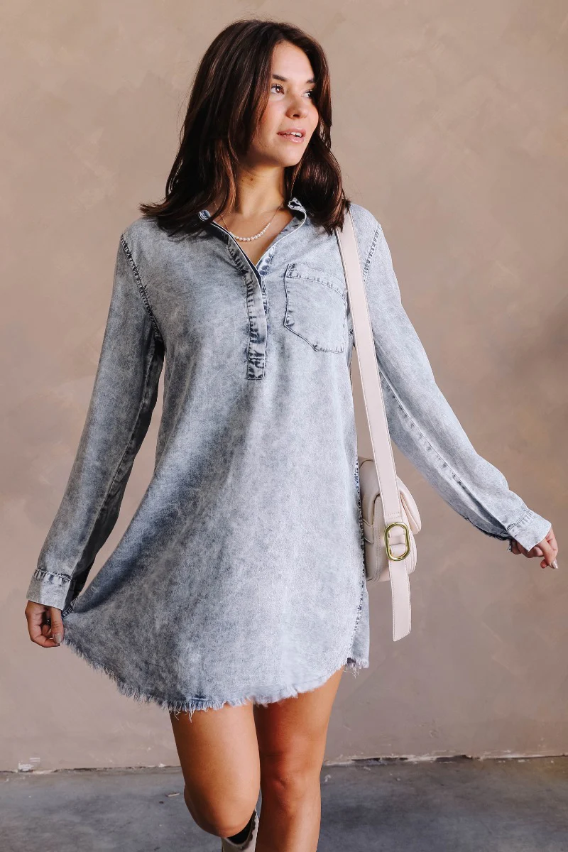 Everly Light Washed Denim Long Sleeve Dress