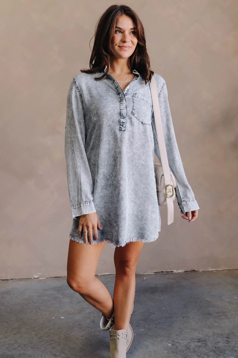 Everly Light Washed Denim Long Sleeve Dress - Image 3