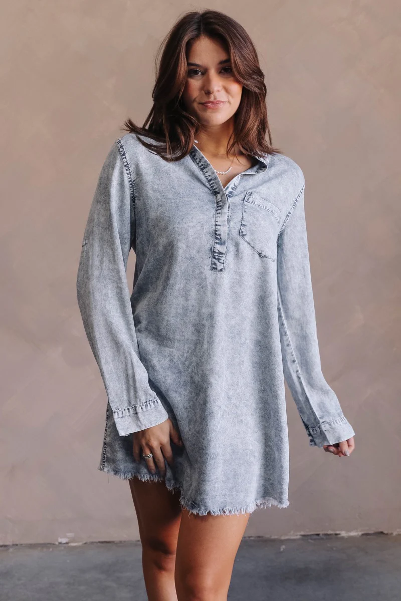 Everly Light Washed Denim Long Sleeve Dress - Image 4