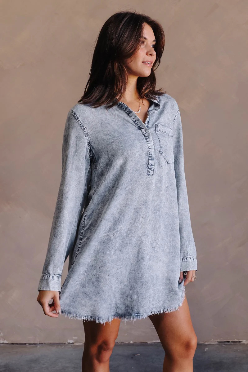 Everly Light Washed Denim Long Sleeve Dress - Image 5