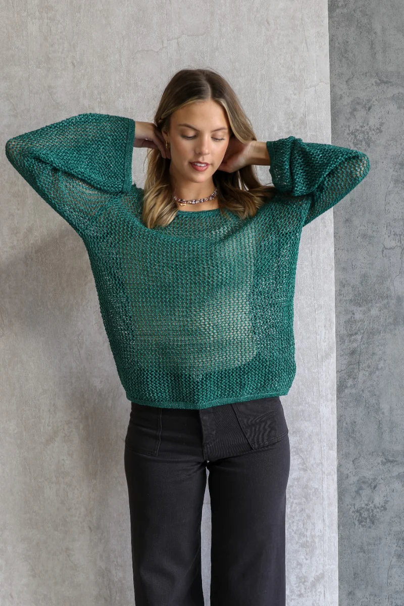Giana Metallic Emerald Open-Knit Sweater - Image 3