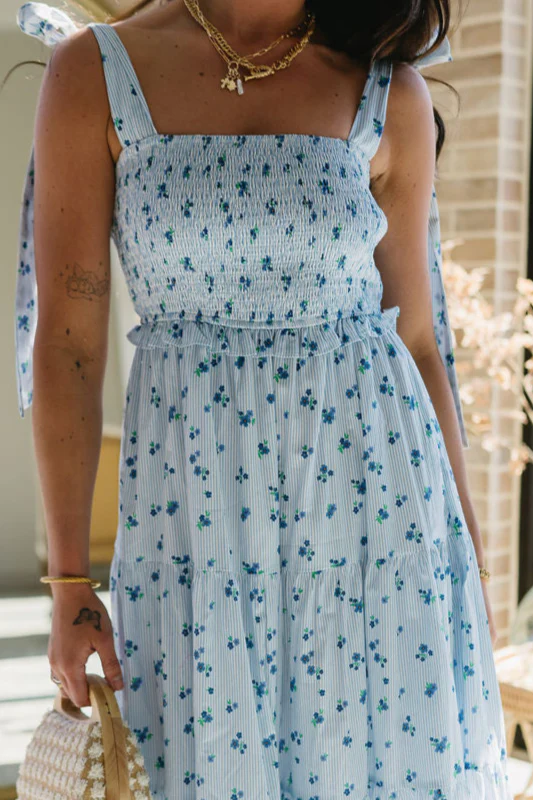 Haley Blue & White Floral Striped Midi Dress - Image 6