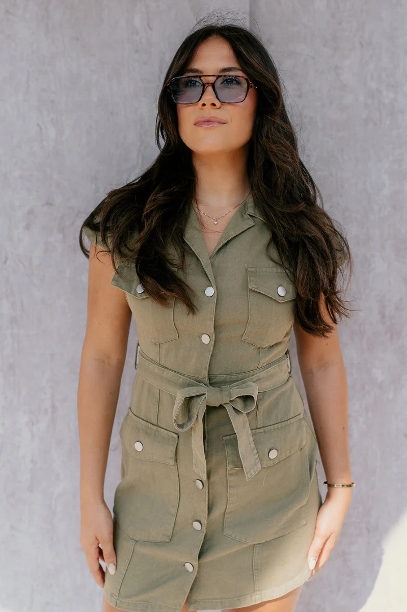 Helena Olive Green Button-Up Short Sleeve Dress