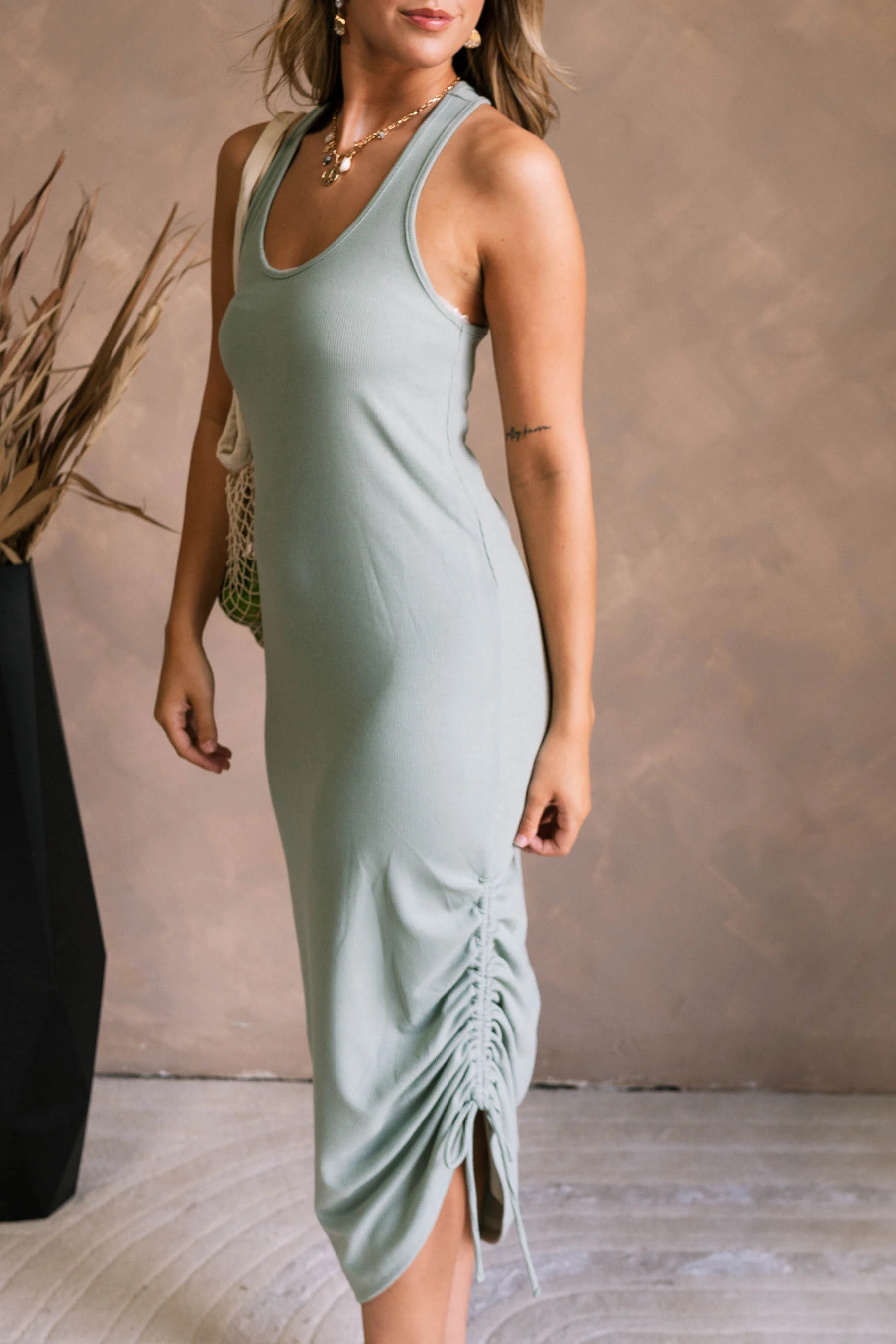 Indie Sage Green Ribbed Ruched Midi Dress - Image 6