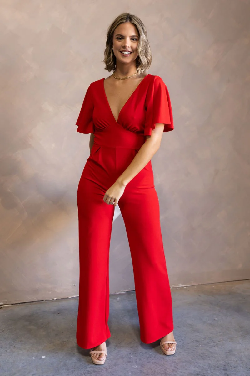 Jessica Red Plunge Neckline Jumpsuit - Image 2