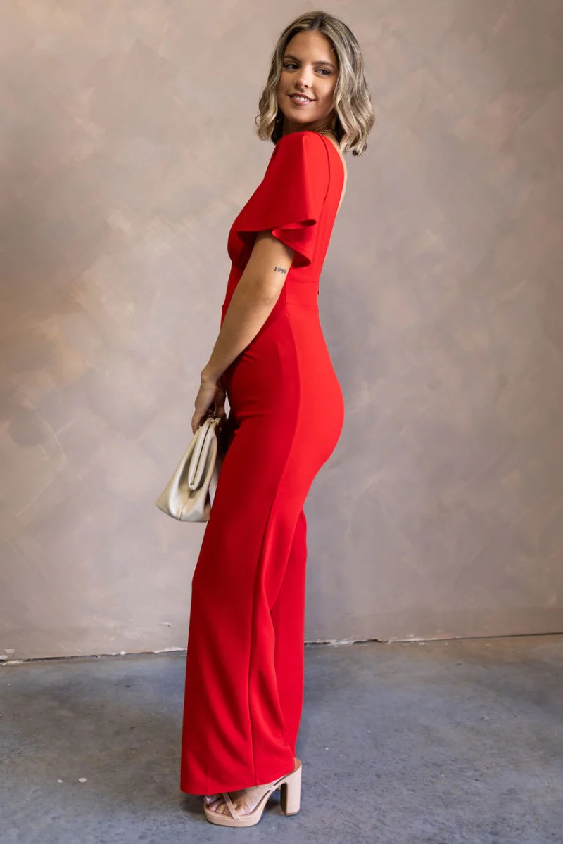 Jessica Red Plunge Neckline Jumpsuit - Image 5
