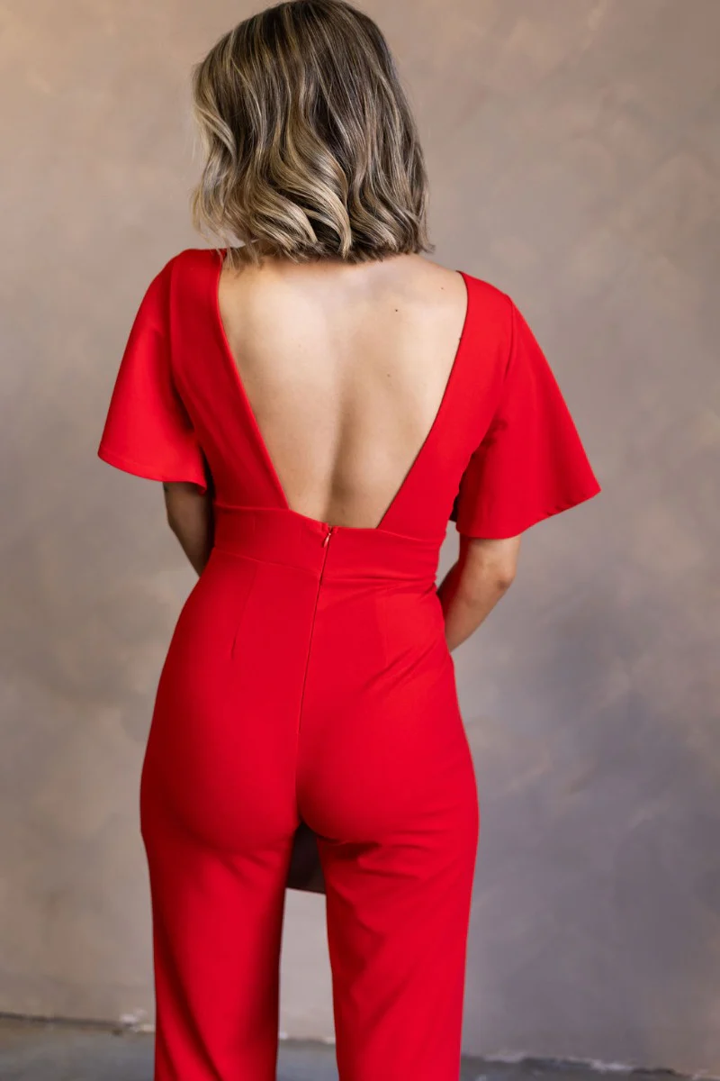 Jessica Red Plunge Neckline Jumpsuit - Image 6