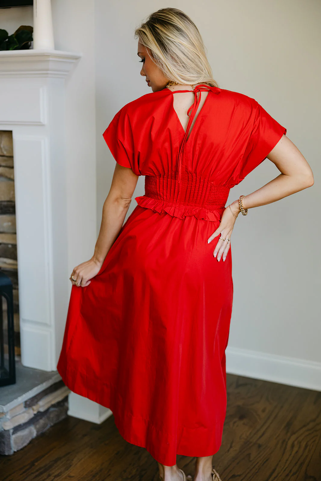 Juliet Red Smocked Gold Zip-Up Midi Dress - Image 4