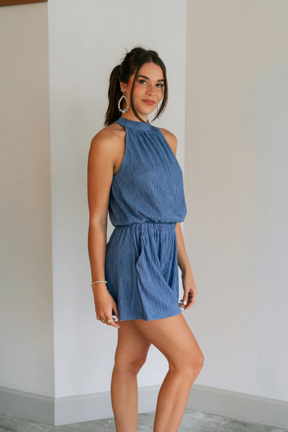 Leila Dark Blue Halter Neckline Romper - Image 3
