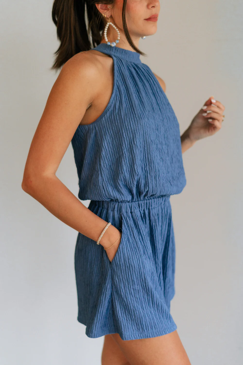 Leila Dark Blue Halter Neckline Romper - Image 6