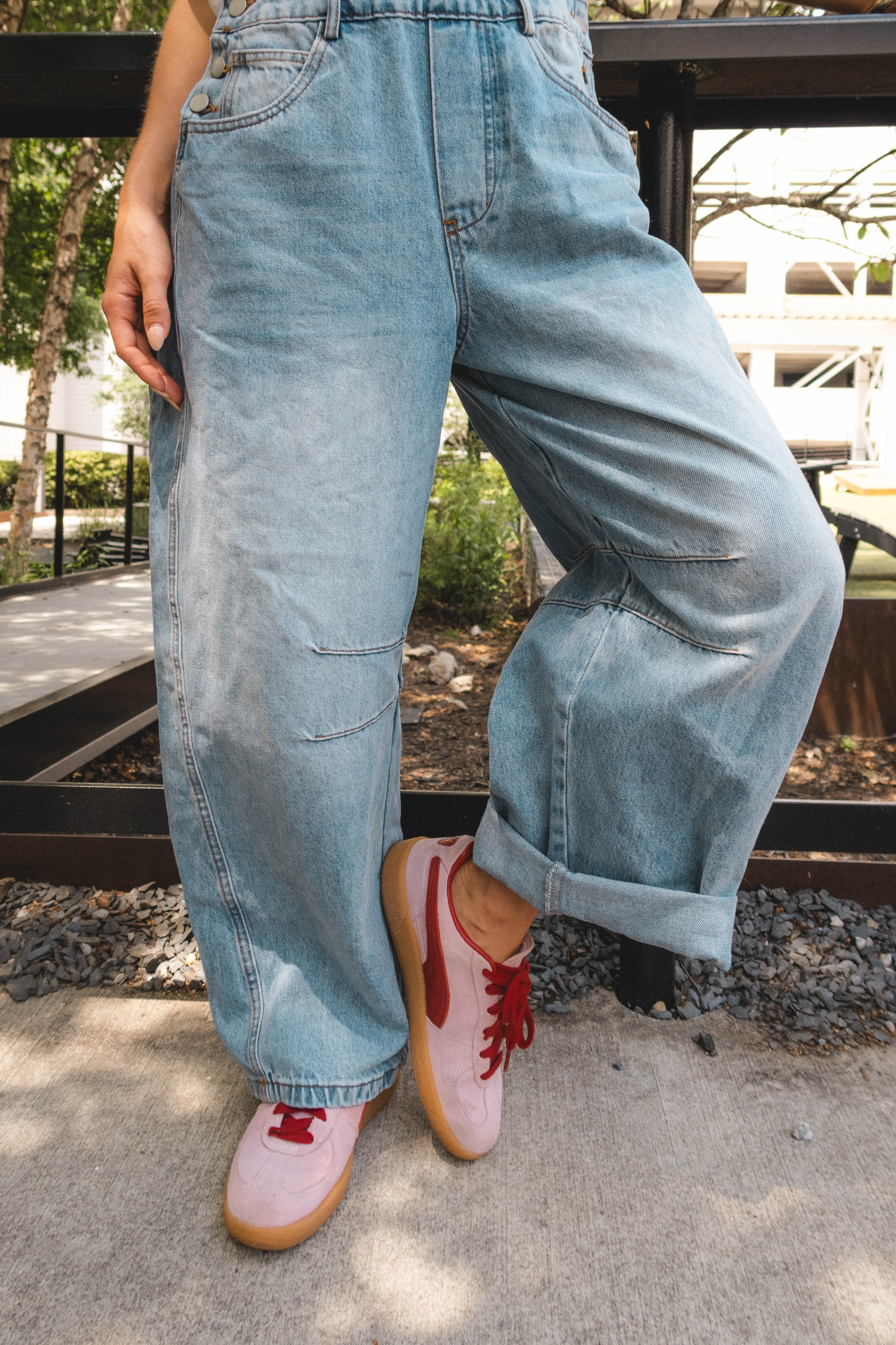 Lena Light Denim Barrel Leg Overalls - Image 3