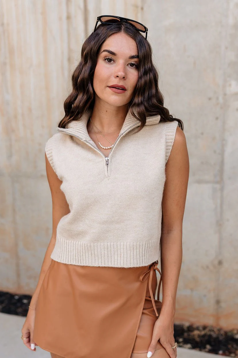 Lexi Beige Quarter-Zip Sleeveless Sweater