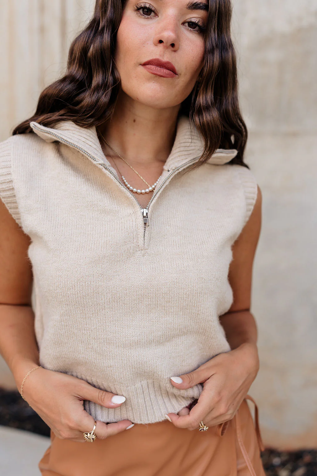 Lexi Beige Quarter-Zip Sleeveless Sweater - Image 2