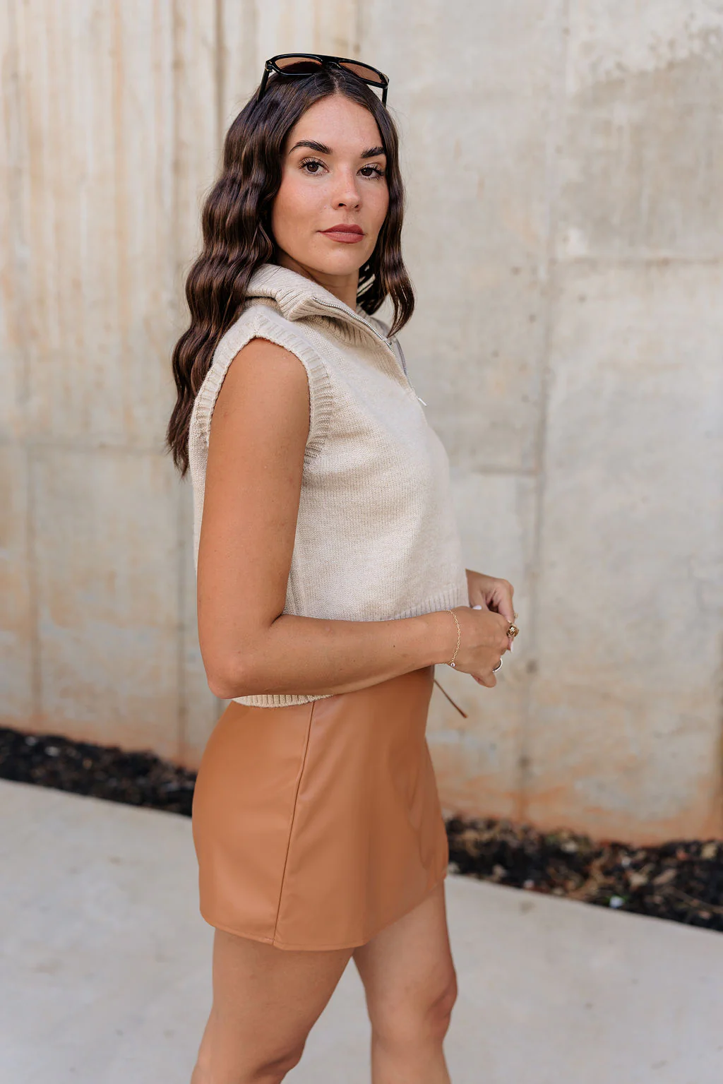 Lexi Beige Quarter-Zip Sleeveless Sweater - Image 3