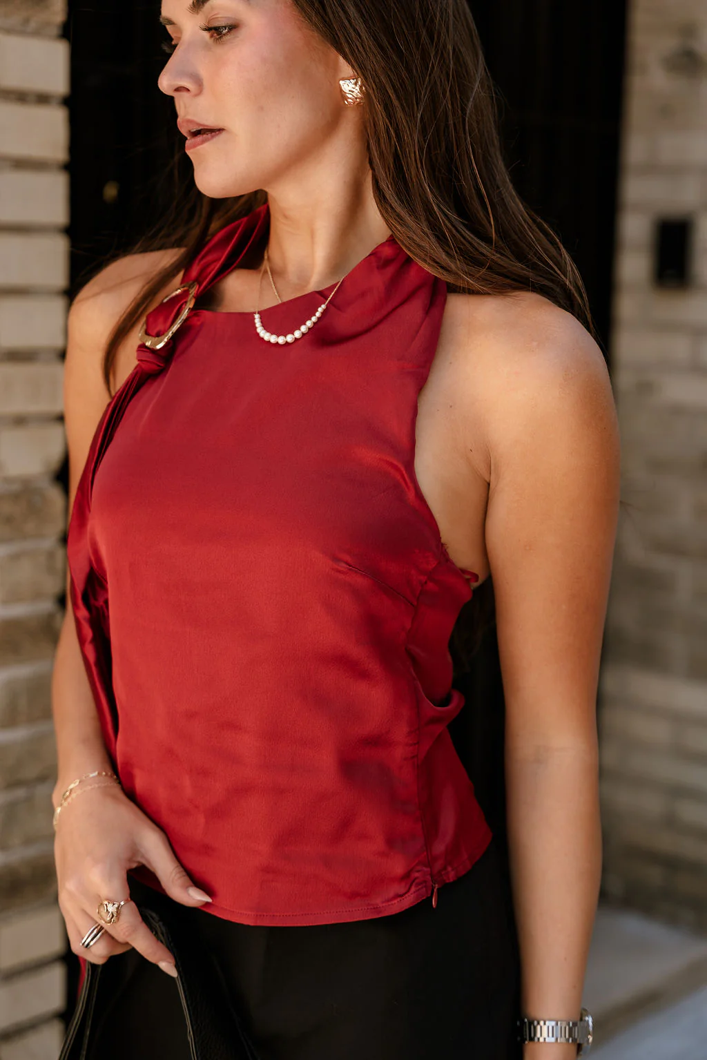 Madelyn Burgundy Satin & Gold Halter Tank - Image 3