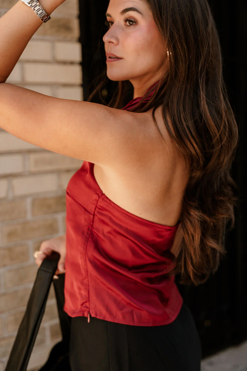Madelyn Burgundy Satin & Gold Halter Tank - Image 7