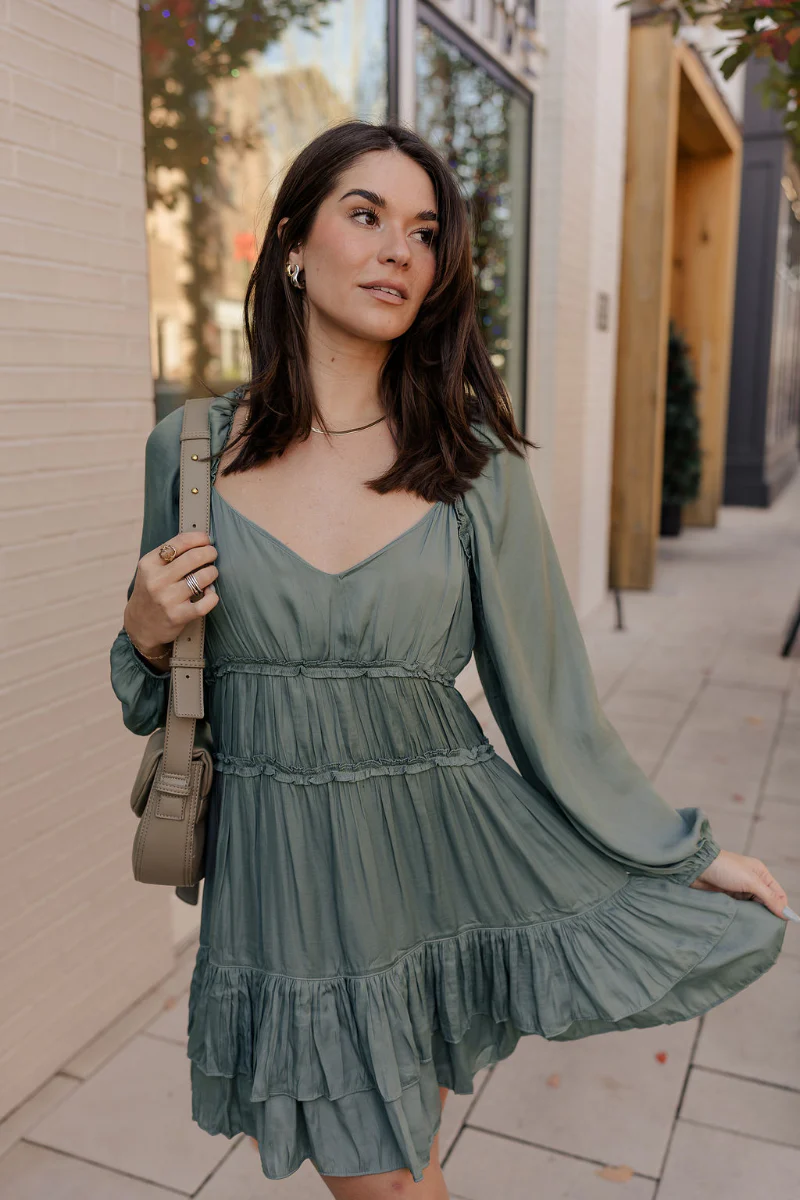 Maya Olive Satin Ruffle Long Sleeve Dress - Image 2