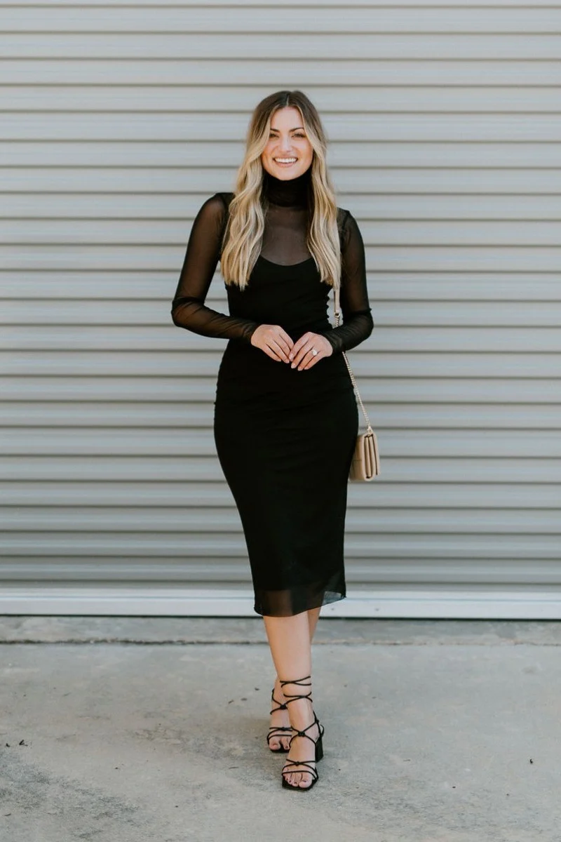 Mesh Well Midi Dress in Black - Image 2