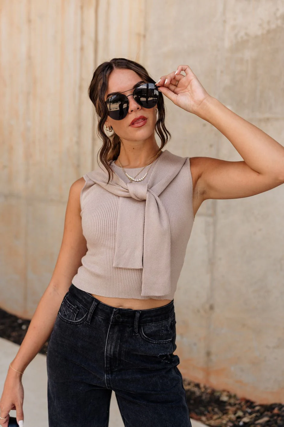 Monica Taupe Sleeveless Tie Sweater