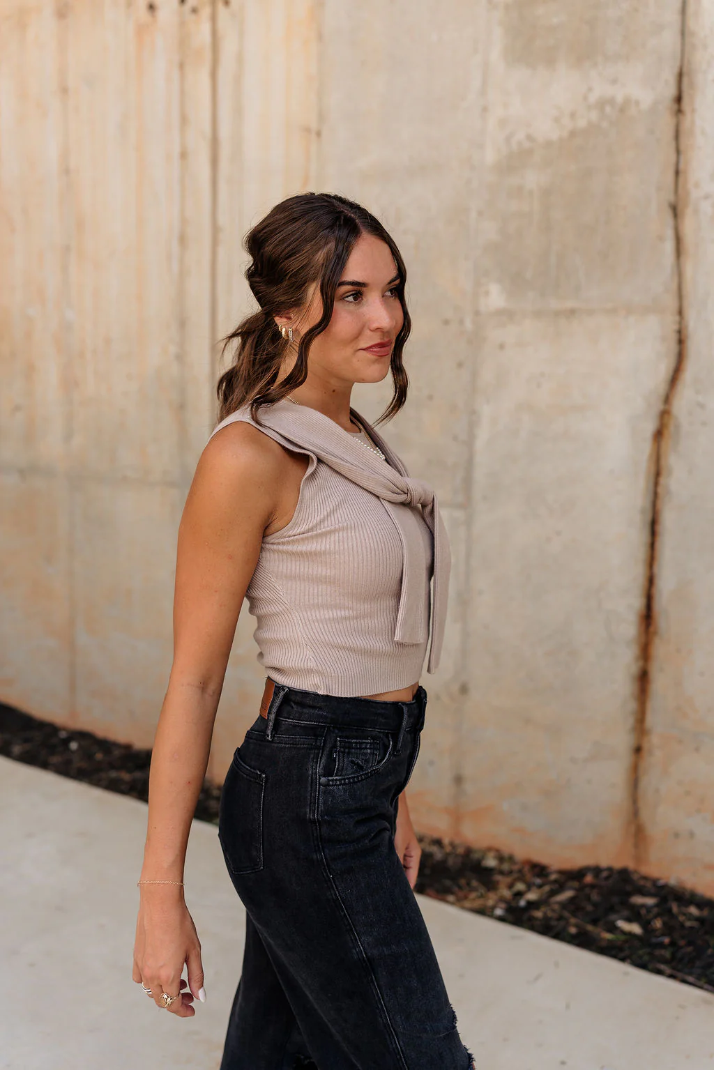 Monica Taupe Sleeveless Tie Sweater - Image 4