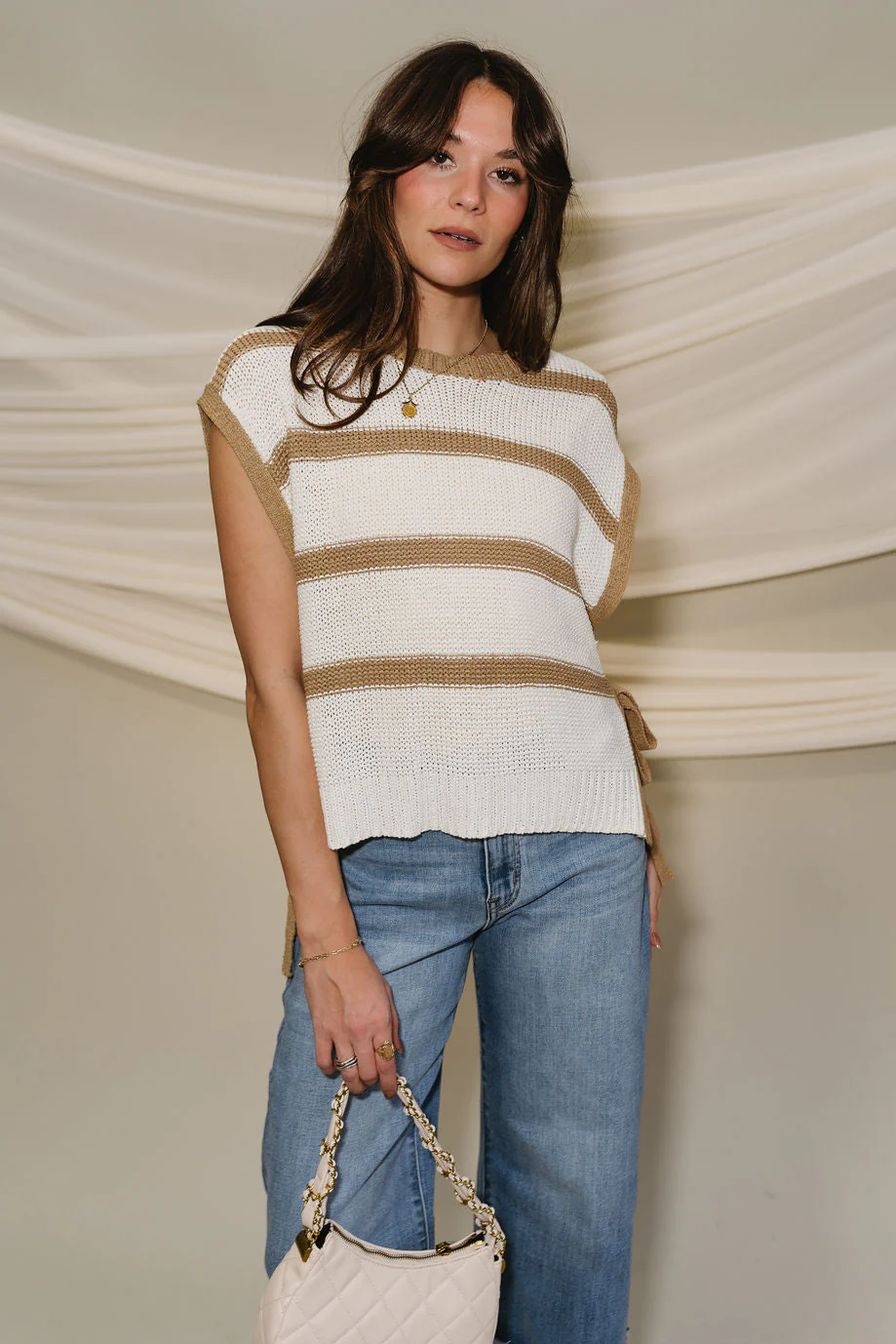 Morgan Cream & Mocha Stripe Side Tie Top - Image 6