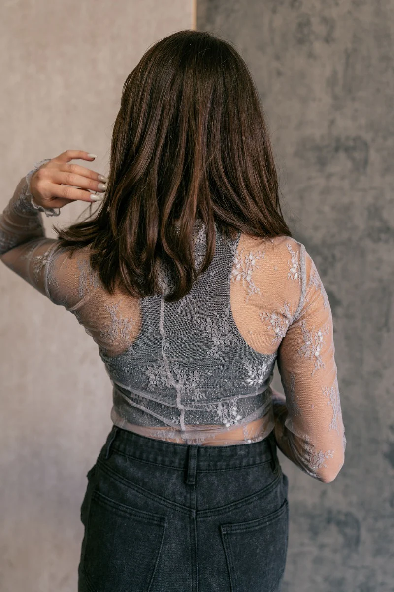 Nadia Grey Lace Long Sleeve Top - Image 7