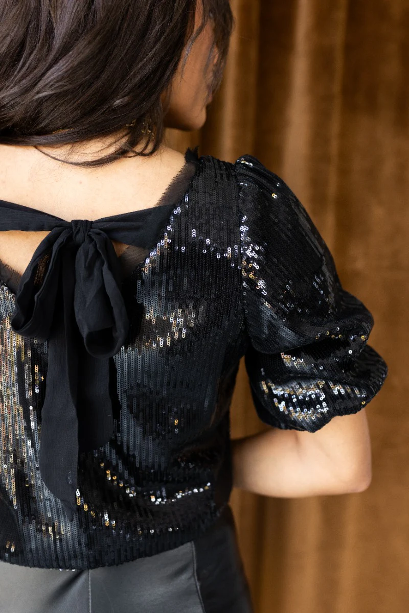 Naomi Black Sequin Short Sleeve Top - Image 5