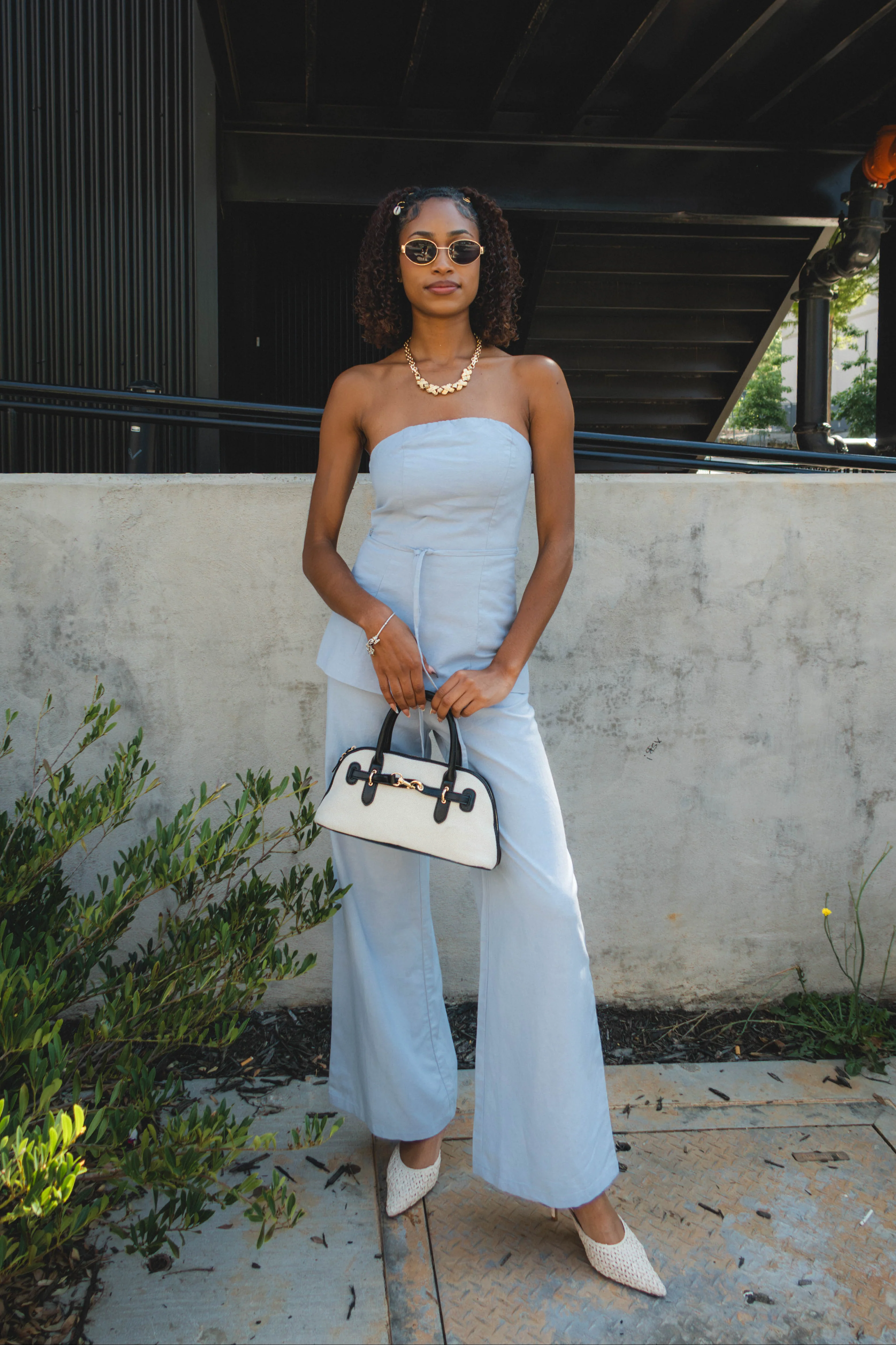 Quinn Blue Strapless Wide Leg Jumpsuit